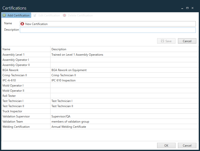 Certifications dialog