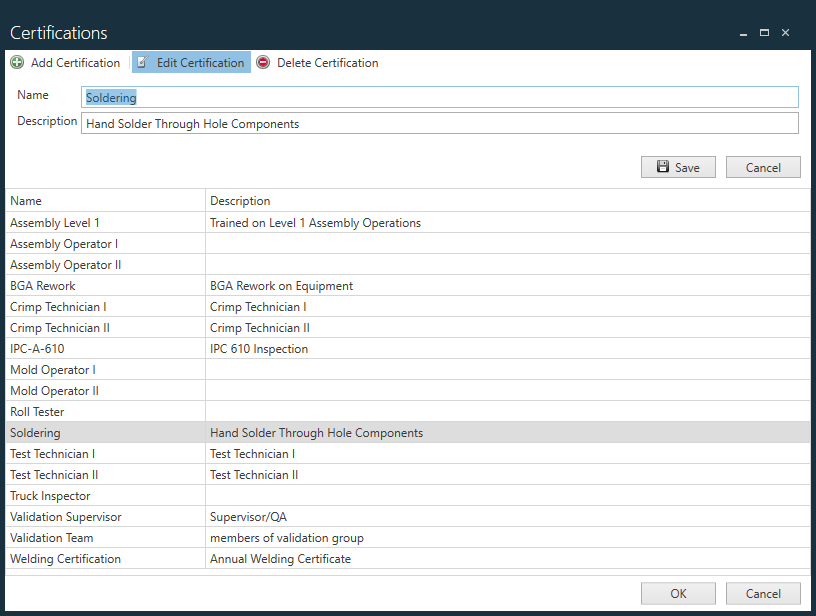 Certifications dialog