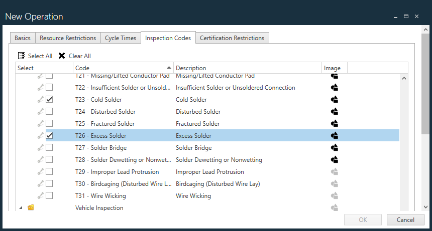 Inspection Codes dialog