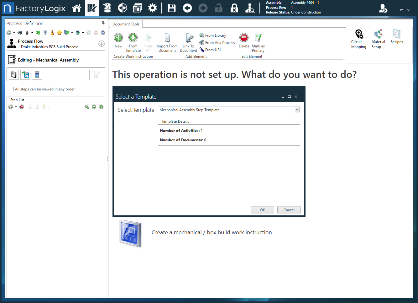 Select a step template to apply to the operation