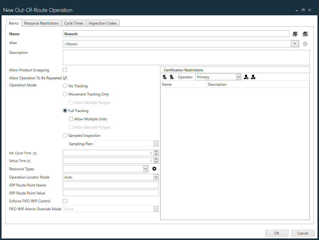 New Out-of_Route Operation dialog