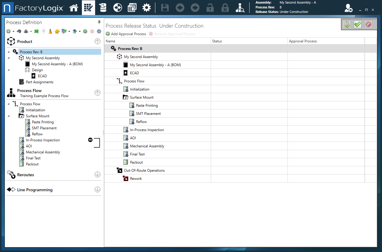 Process Definition window - Process Release Status Under Construction view