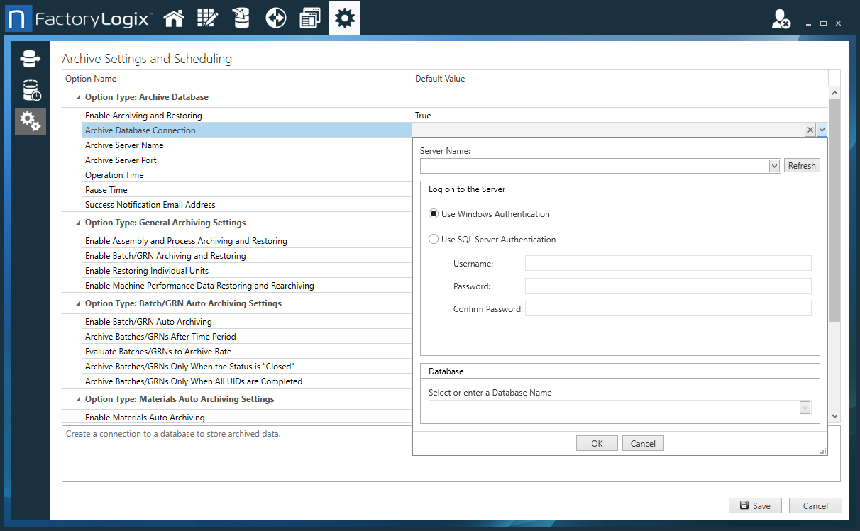 Specify the Archive Database Connection information