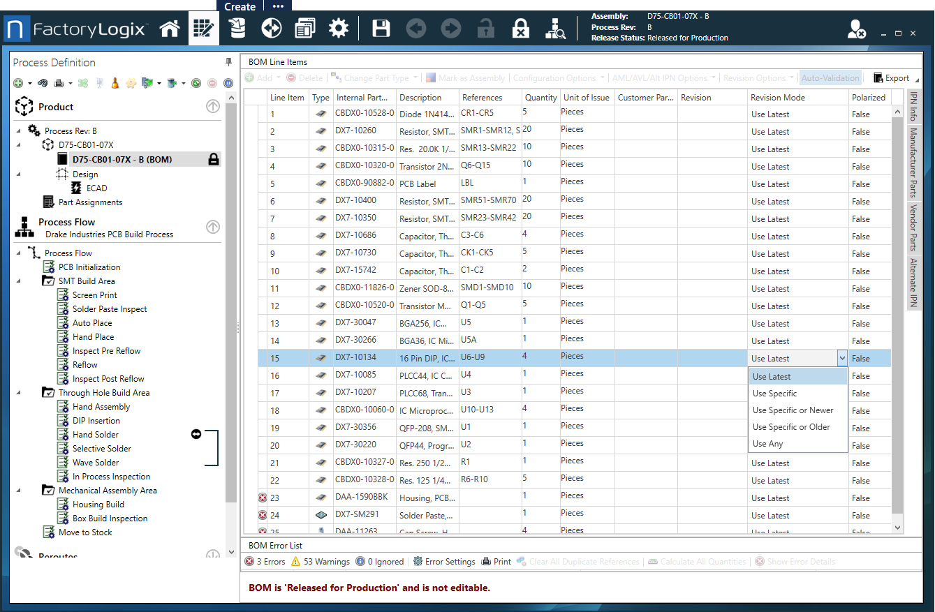 Specify a part revision mode for BOM line items