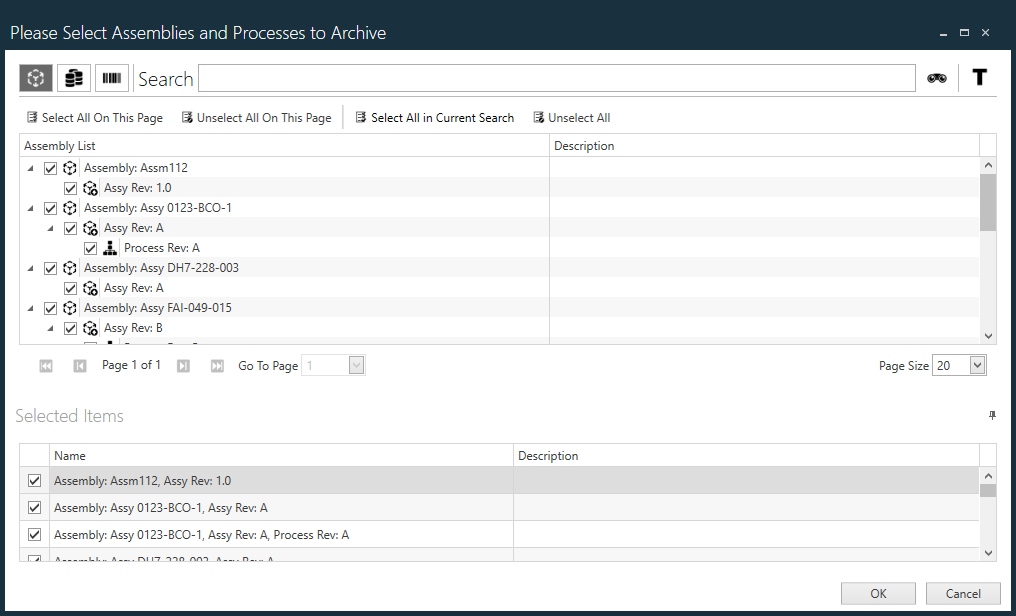 Select Assemblies and Processes to Archive dialog