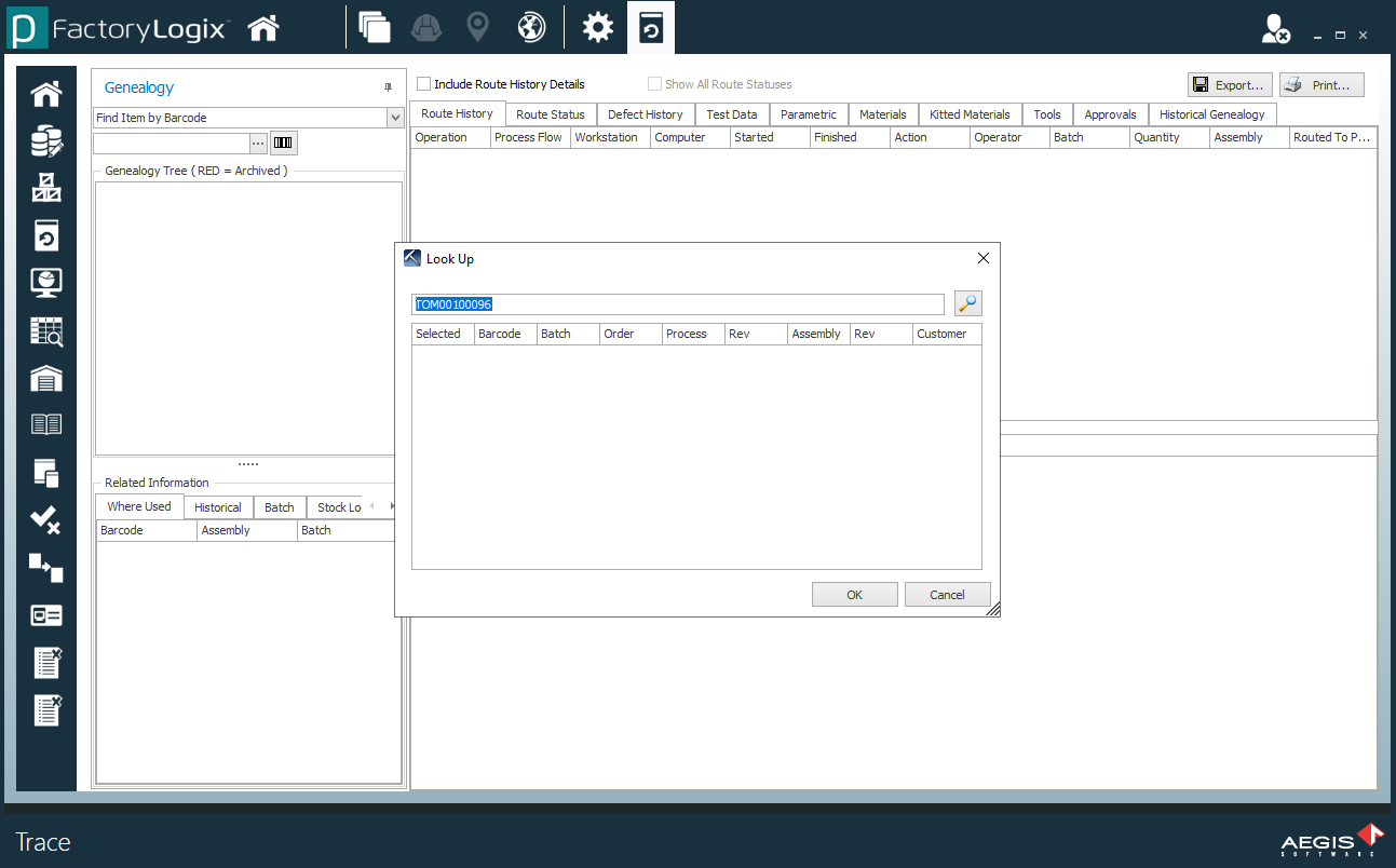 Trace window barcode lookup dialog