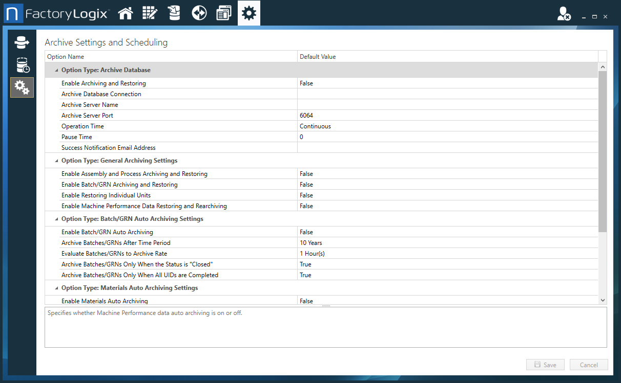 Archive Settings and Scheduling window