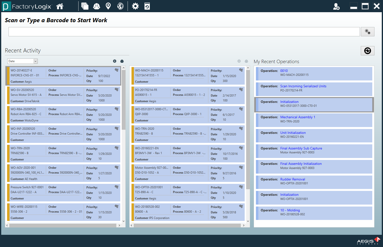 Operations for a selected batch display on the right side of the window