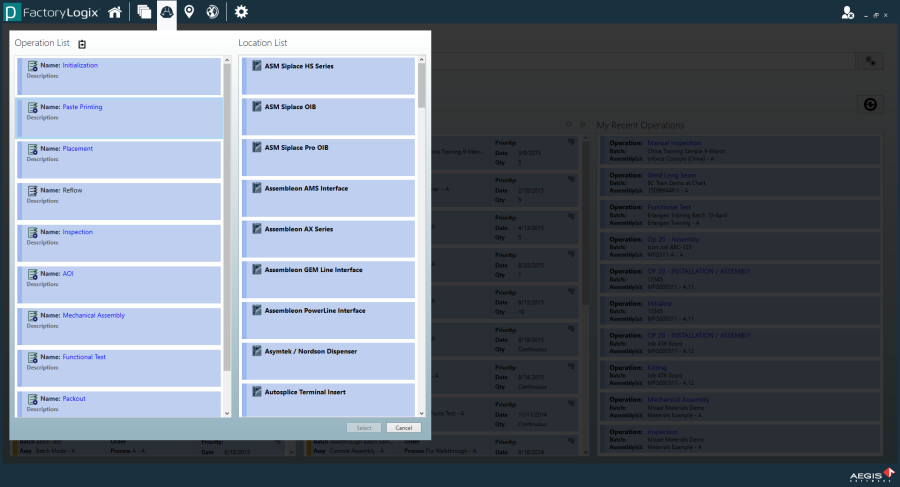 Hard Hat view of an operation list and a location list