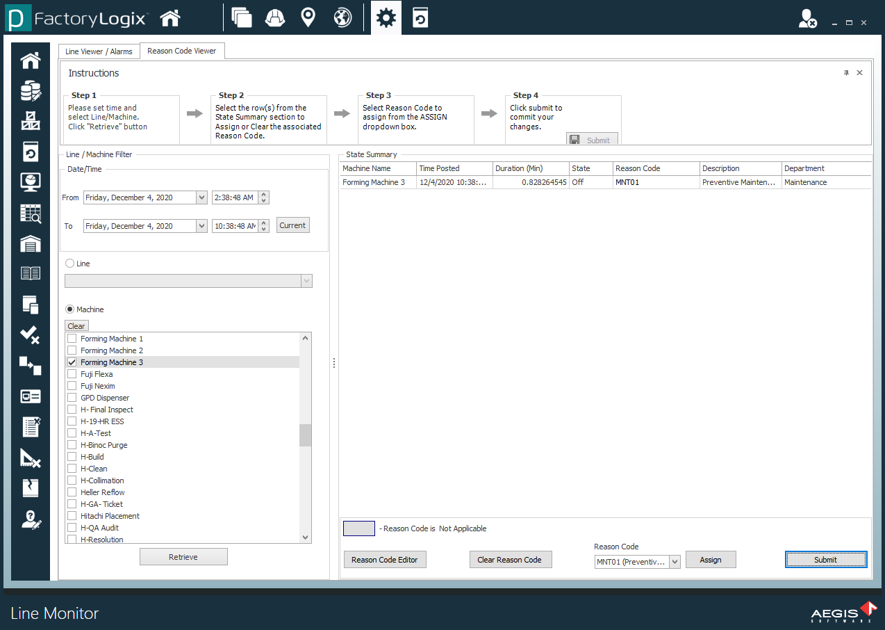 Reason Code Viewer tab options