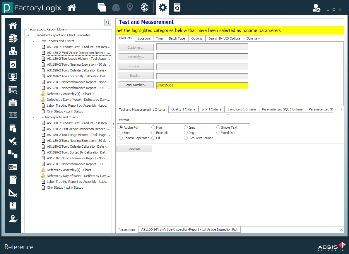 Select a report or chart template on the left side of the window