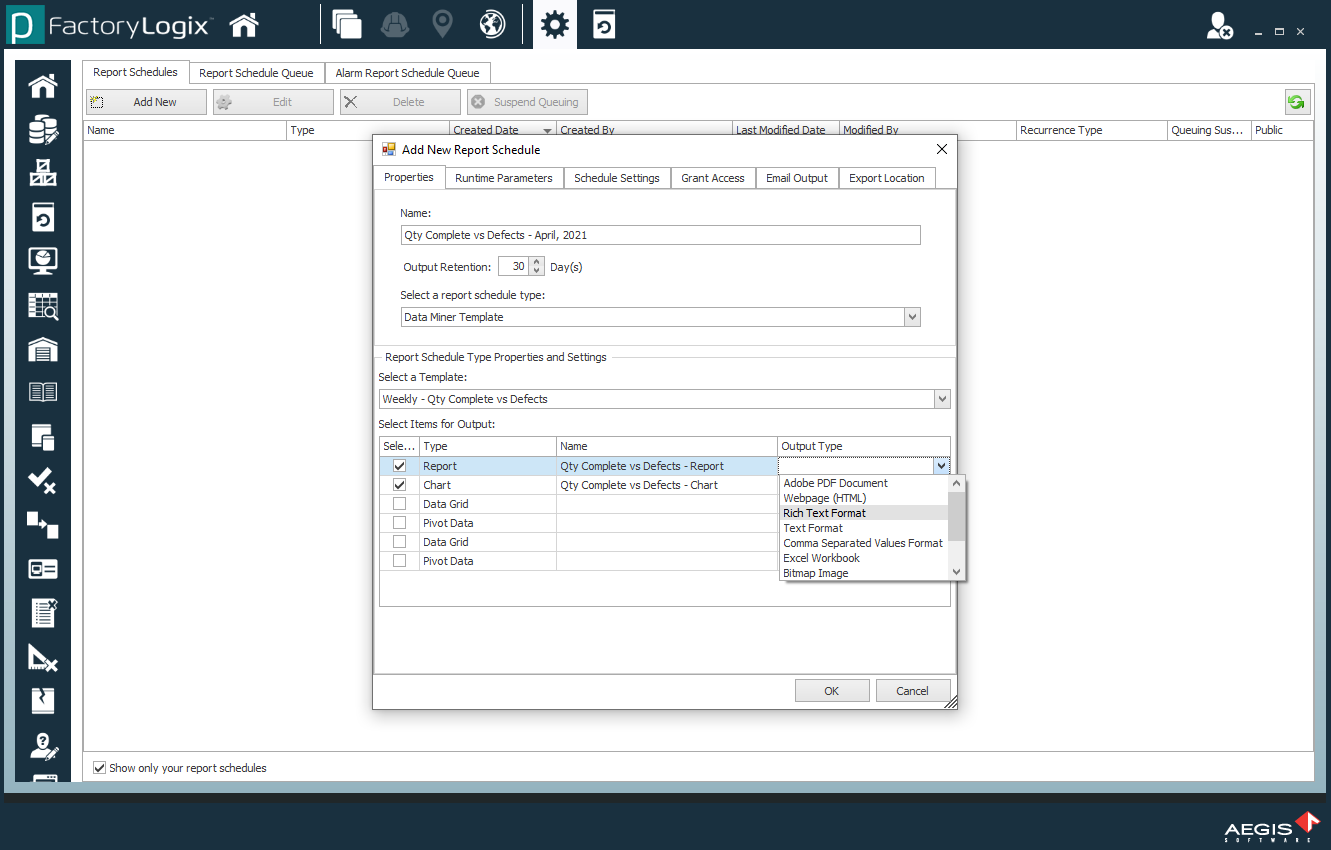 Select an output type for the report