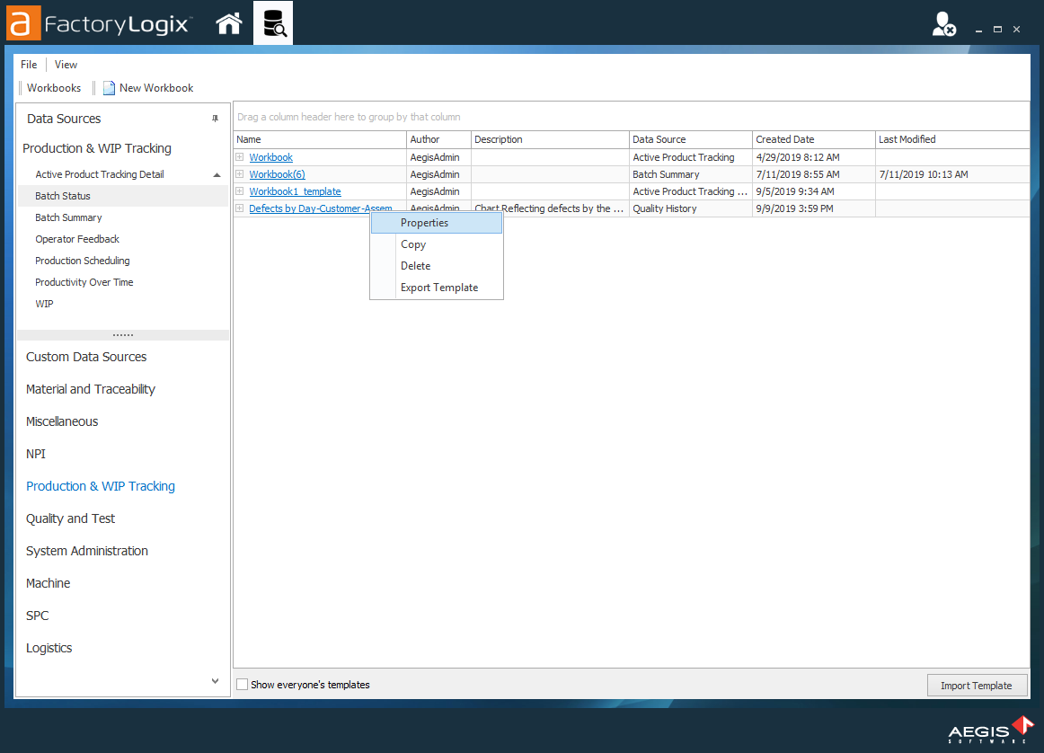 Data set template Properties command