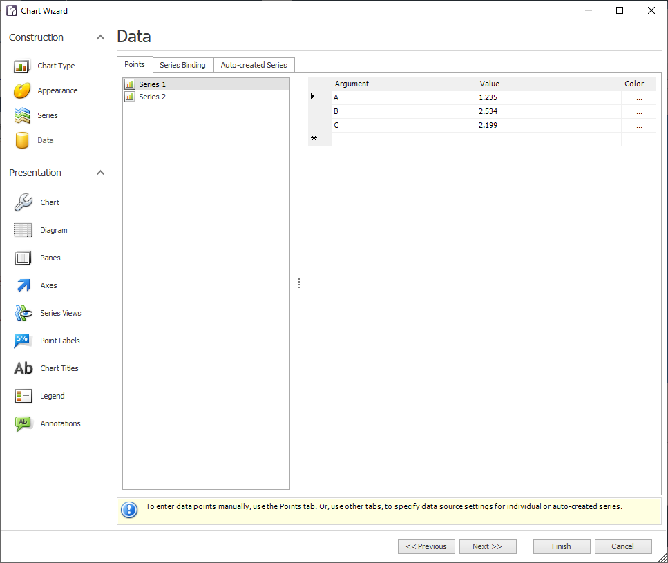 Chart wizard Data page