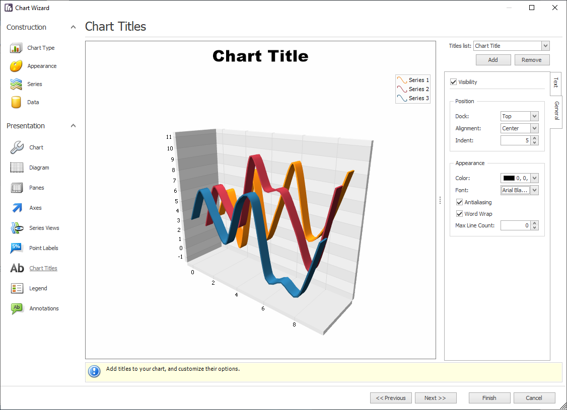 Chart wizard Chart Titles page