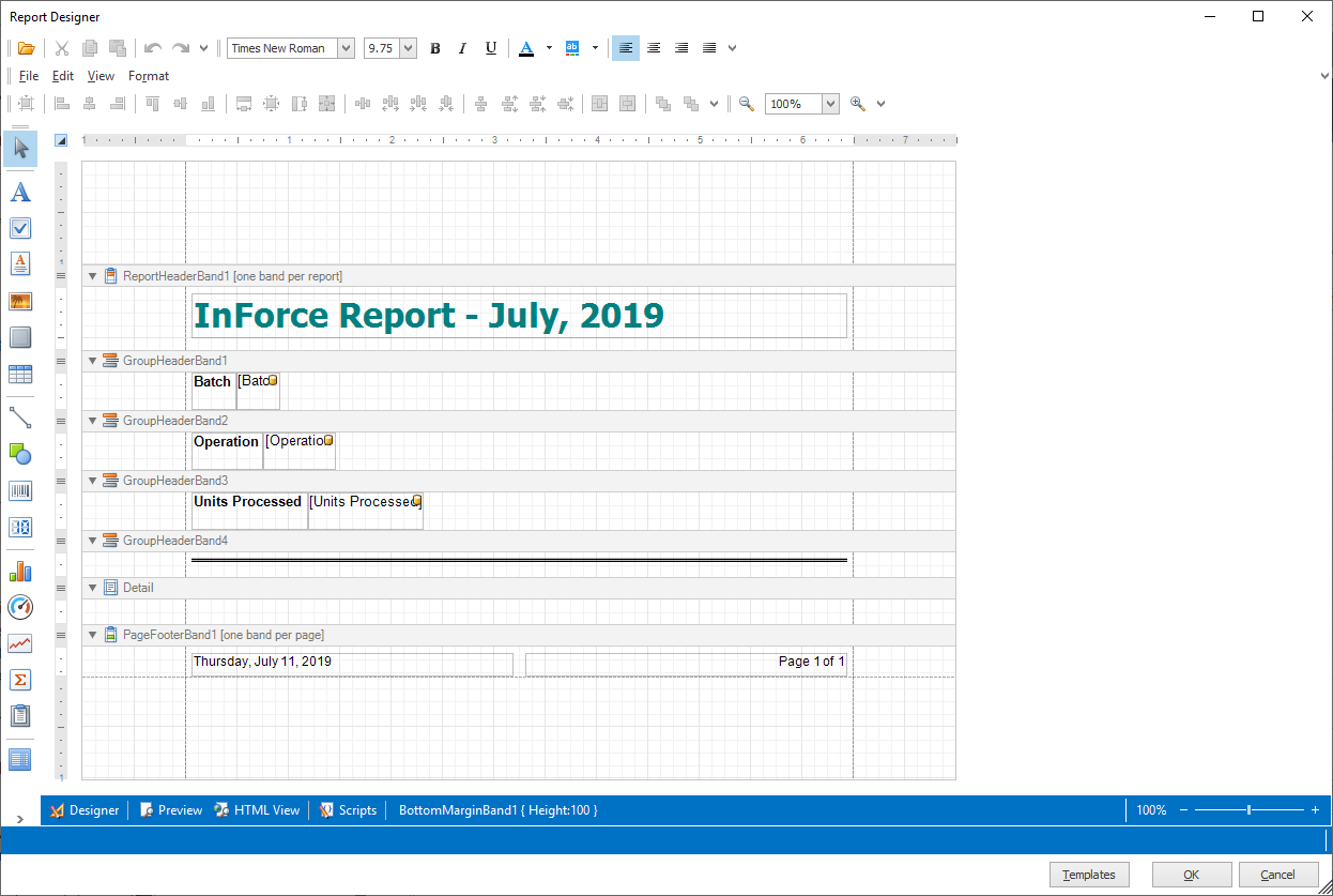 Report Designer window with report selections