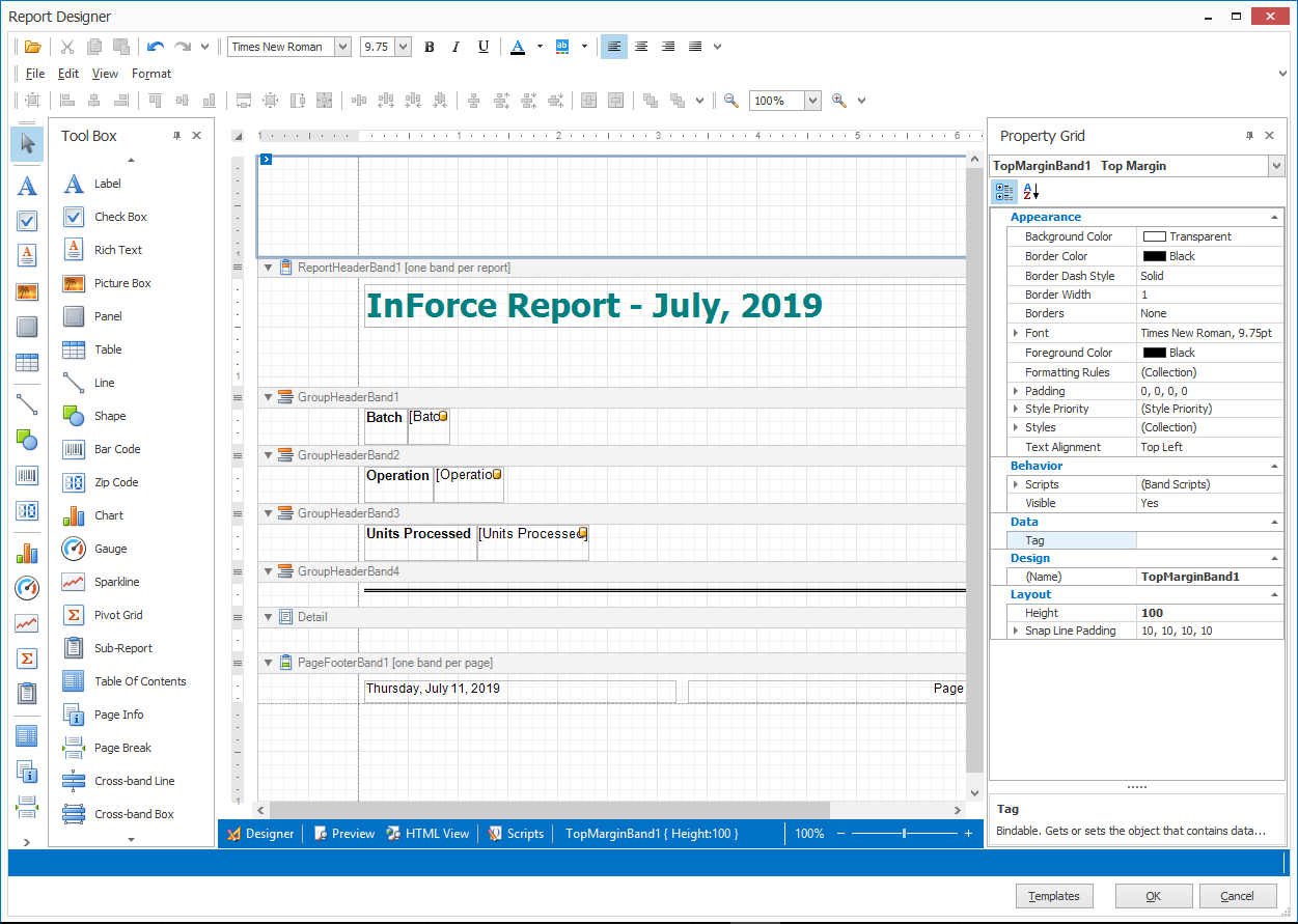 Tool Box and report Property Grid