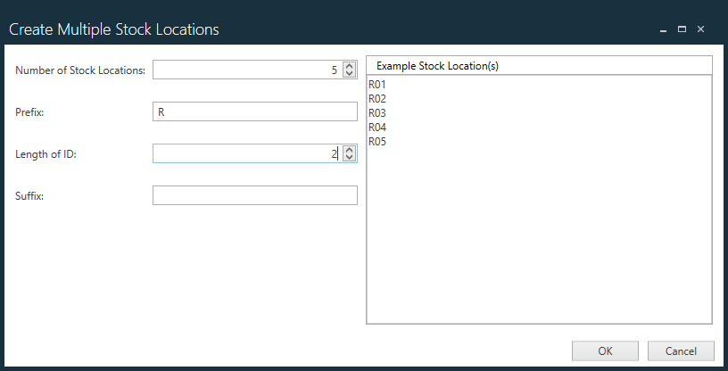 Create Multiple Stock Locations dialog