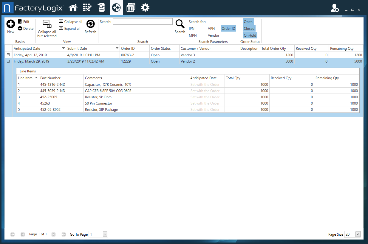 Material Purchase Orders window