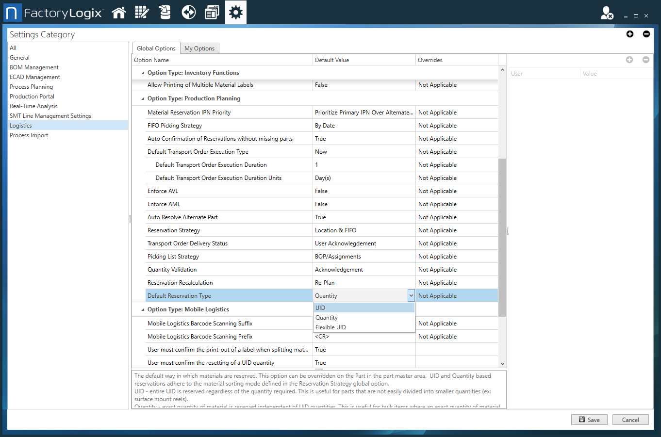 Default Reservation Type Global Options