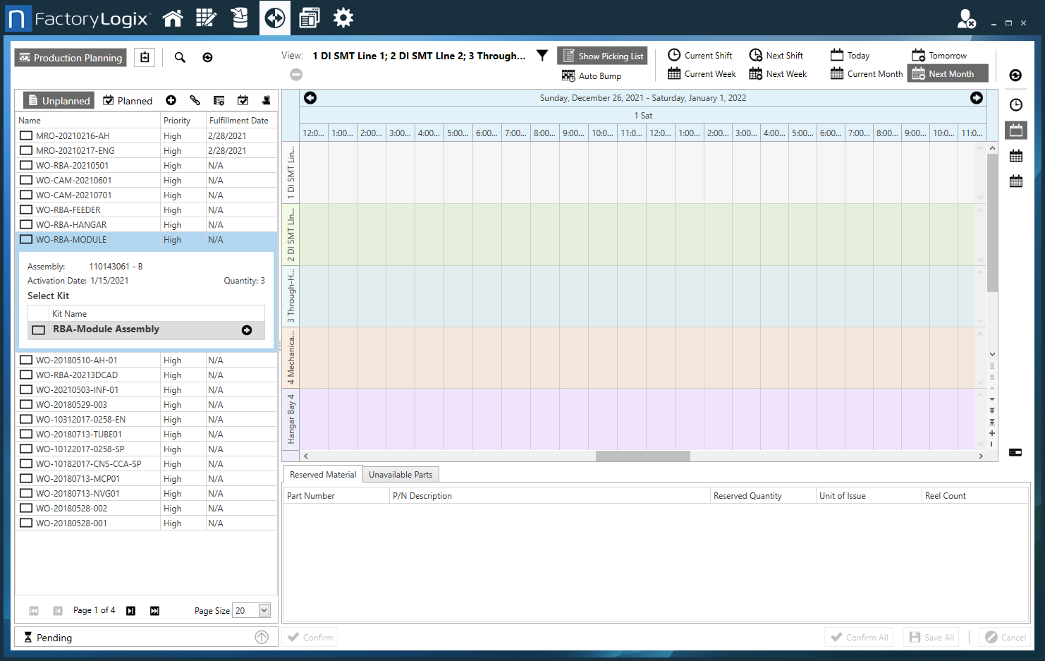 Production Planning window (NPI Logistics)