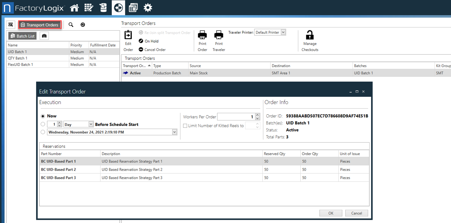 Edit Transport Order dialog