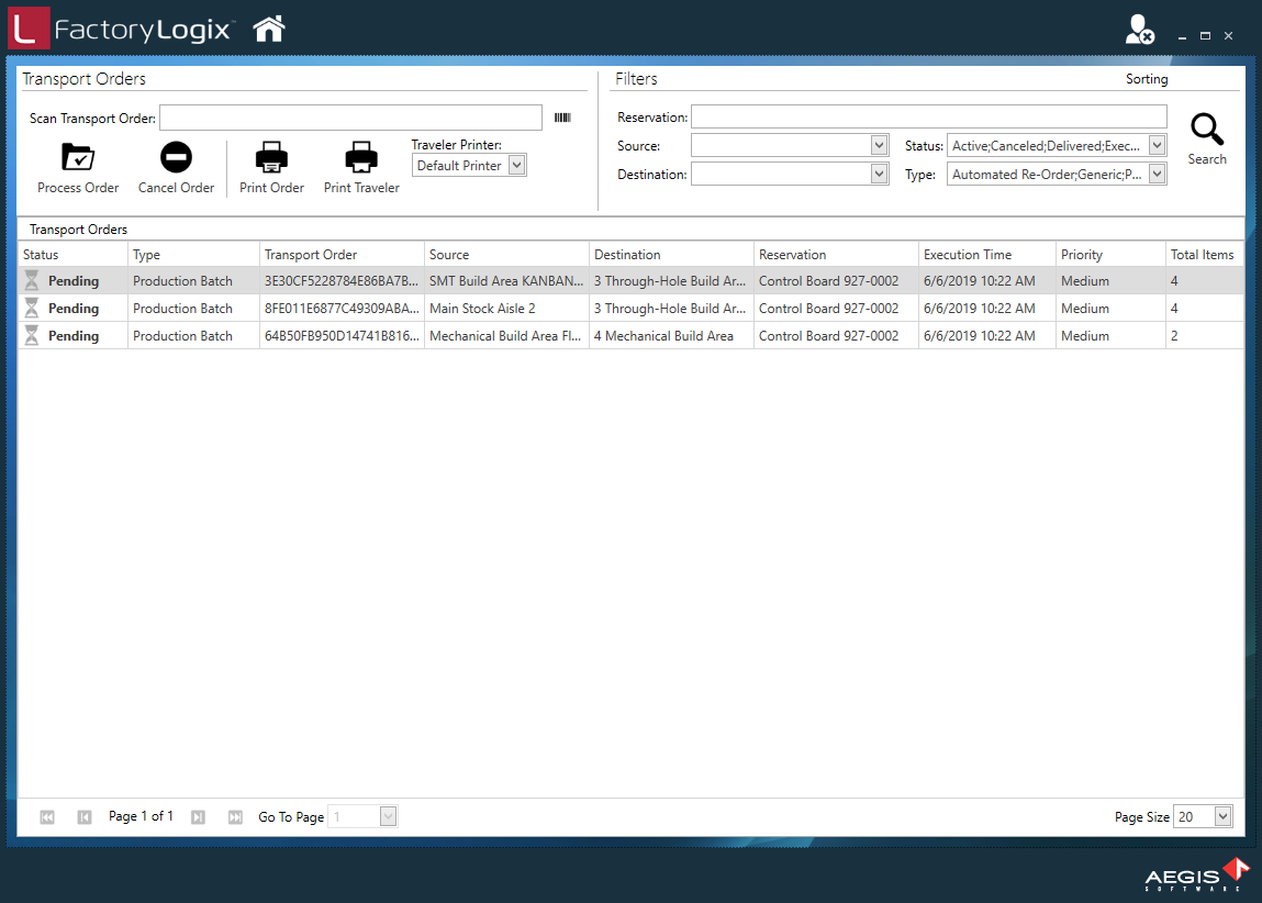 Double-click a transport order in the list to open it