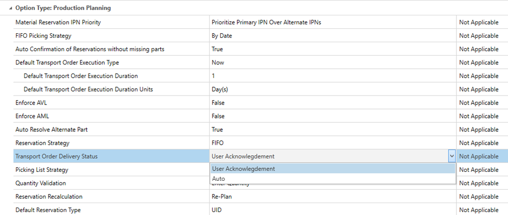 Transport Order Delivery Status global option settings