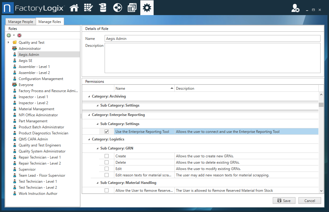 Manage Roles tab - Enterprise Reporting category