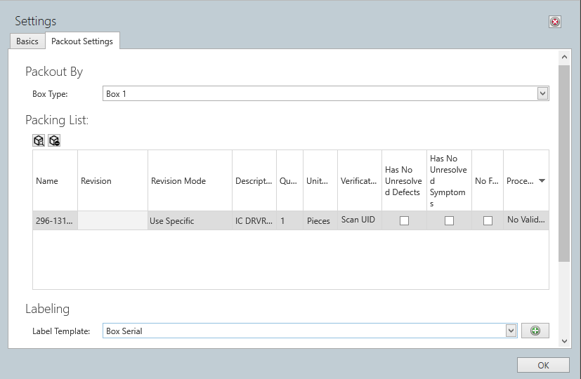 Packout Settings dialog