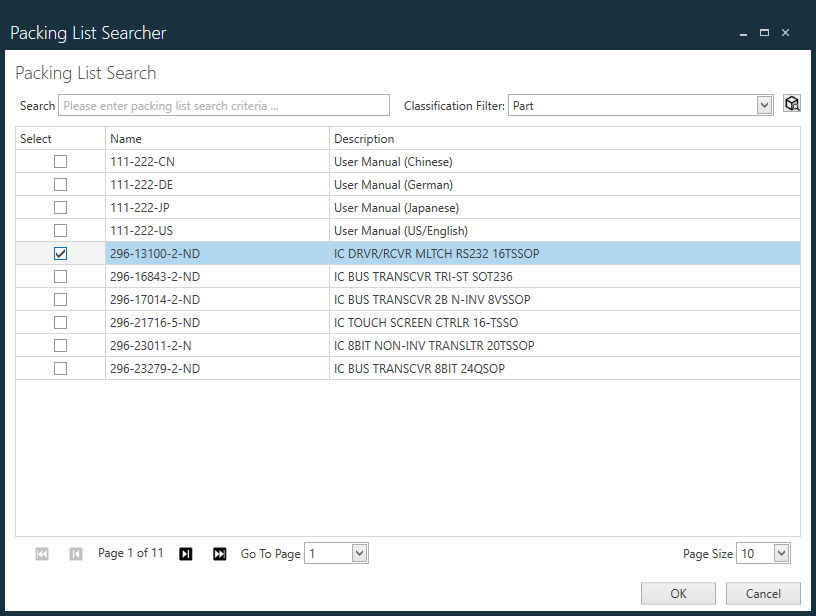 Packing List Searcher dialog