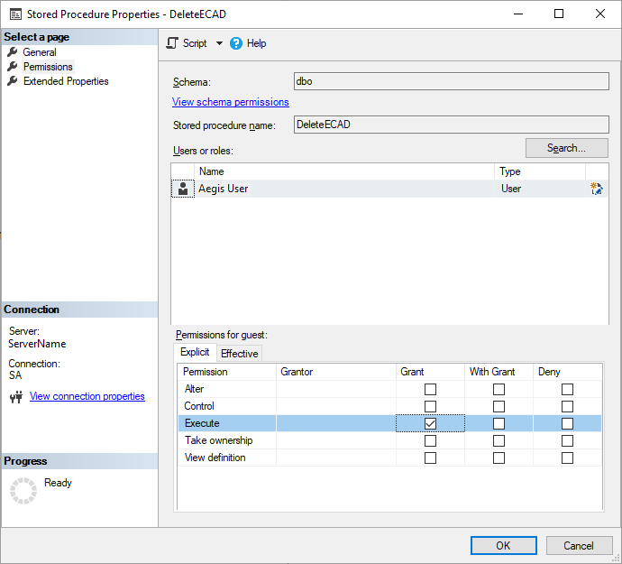 Stored Procedure Properties - Delete ECAD dialog