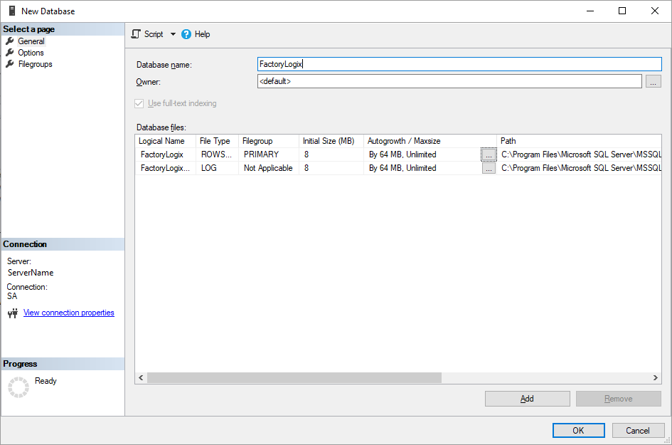 New Database dialog