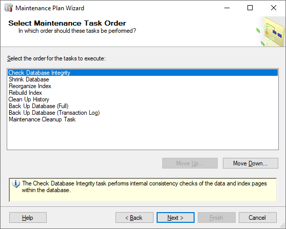 Maintenance Plan wizard - Select Maintenance Task Order