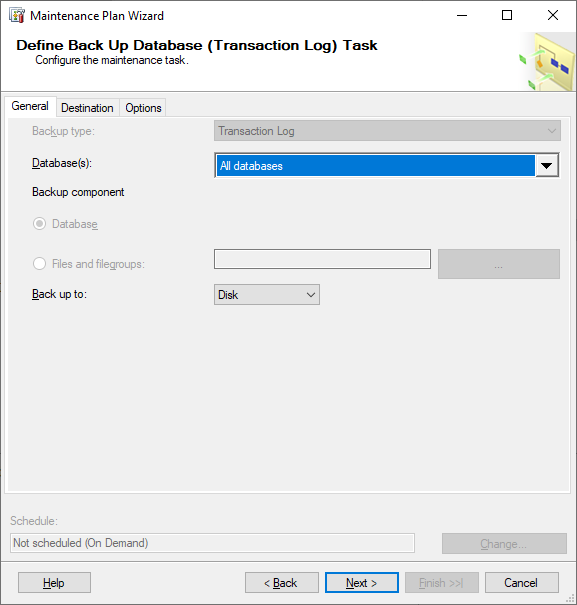 Maintenance Plan wizard - Define Back Up Database (Transaction Log) Task