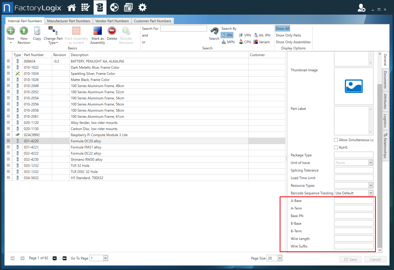 Custom fields for internal part numbers