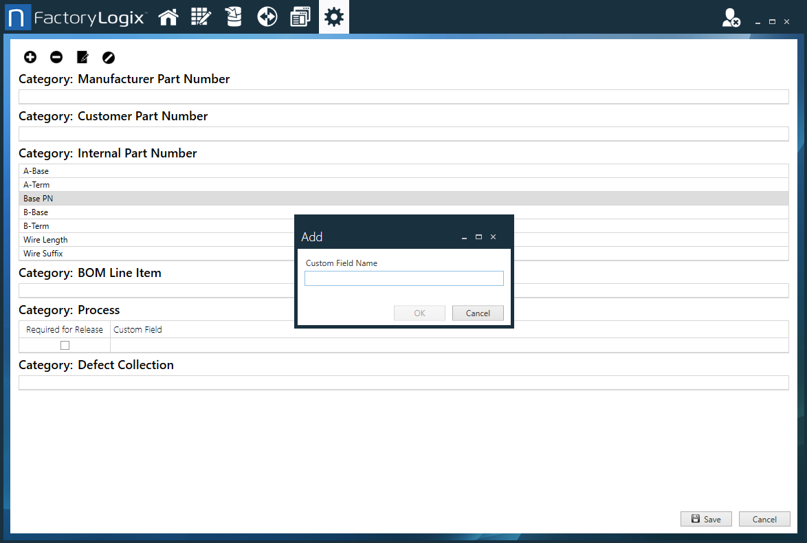 Define custom fields window