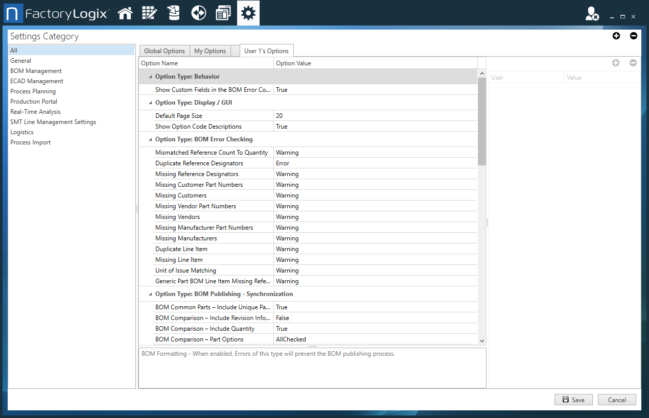 Global Options tab for a selected user