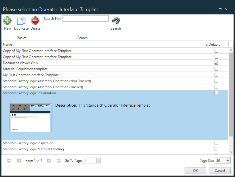 Please Select an Operator Interface Template dialog