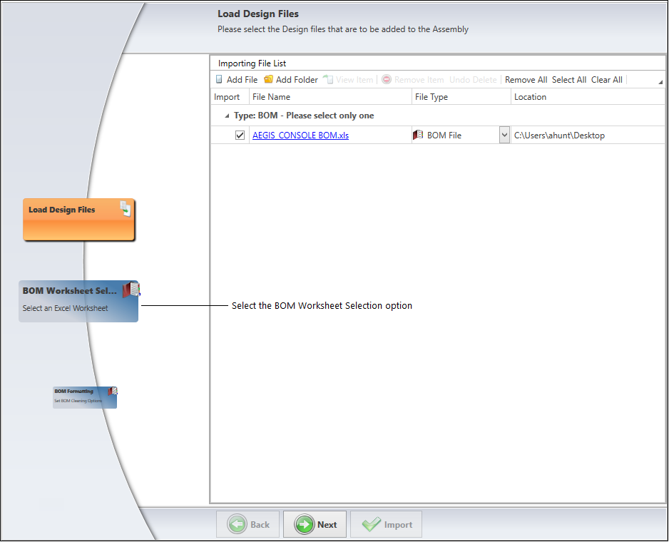 Select the BOM Worksheet Selection option