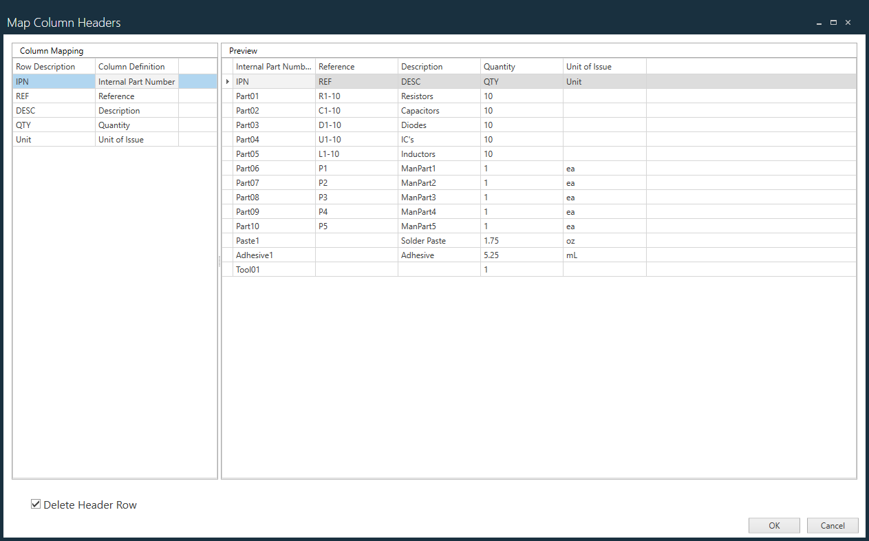 Map Column Headers dialog