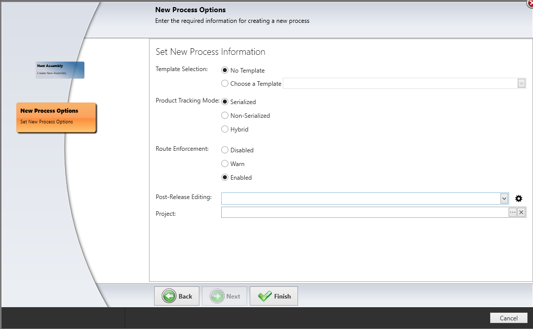 New Process OPtions dialog