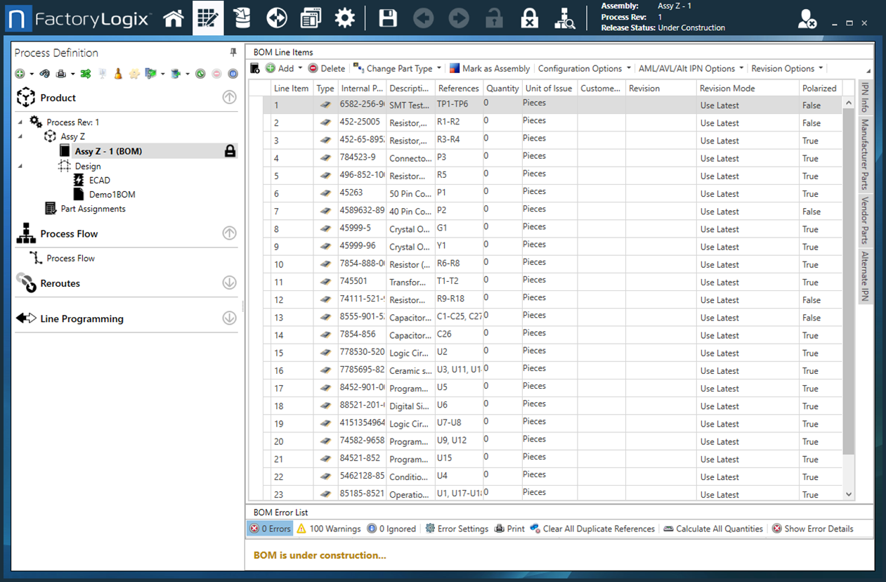 Process Definition window BOM Line Items view