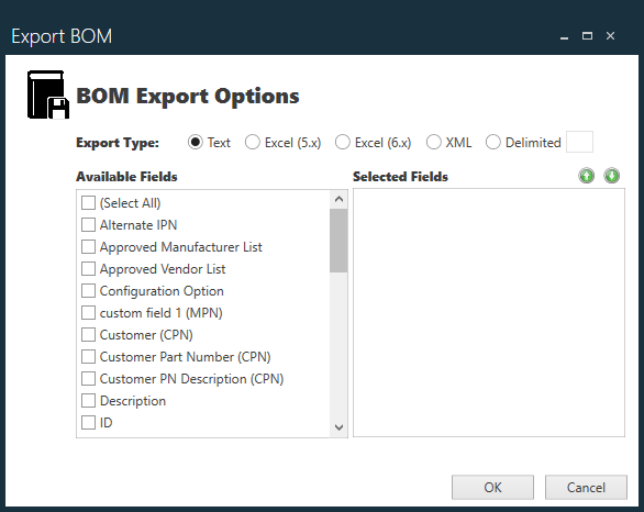 BOM Export Options dialog