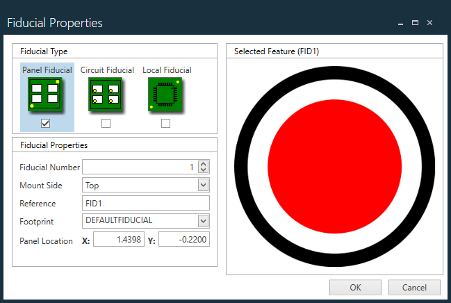 Fiducial Properties Panel Fiducial dialog