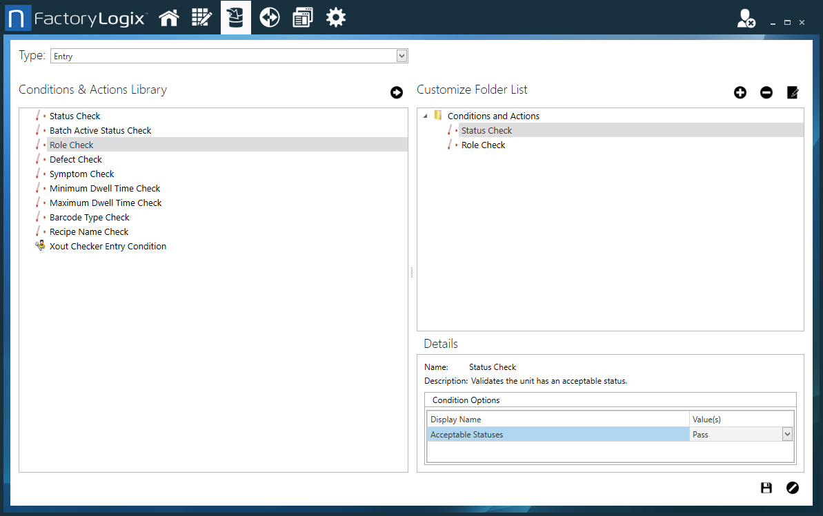 Conditions and Actions window