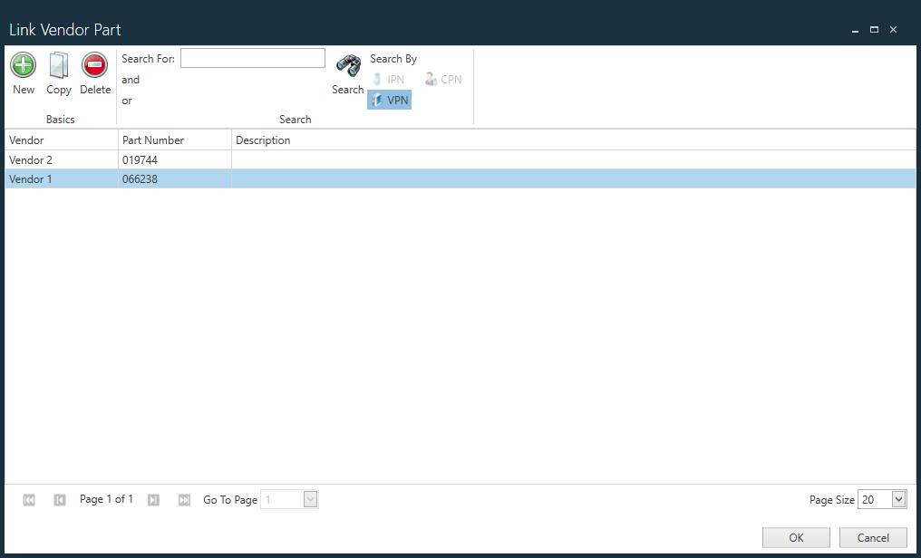 Link Vendor Part dialog