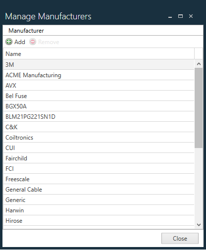 Manage Manufacturers dialog