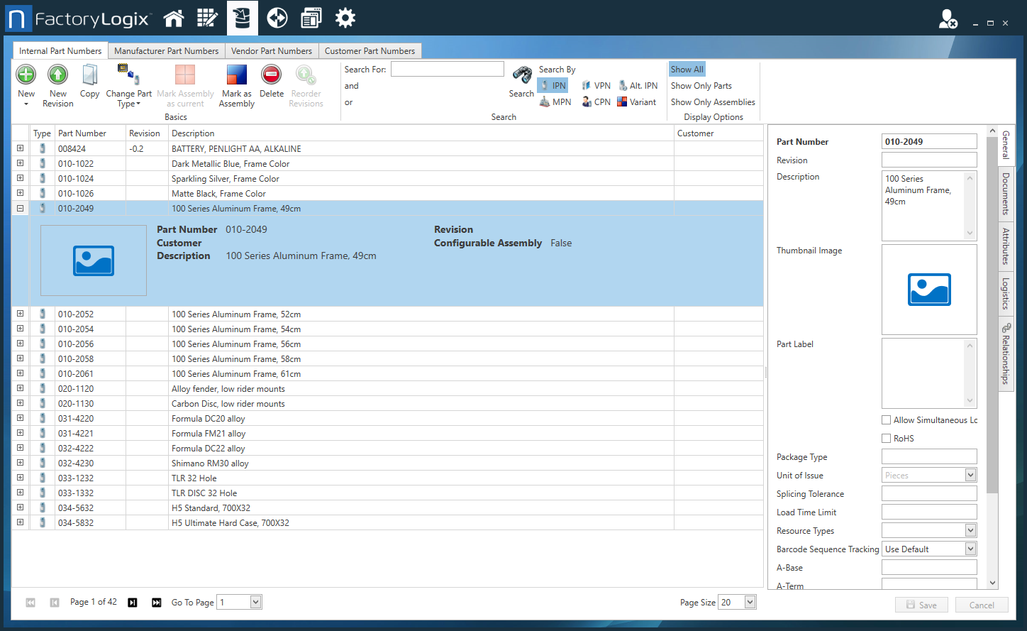 Select a part on the Internal Part Number tab