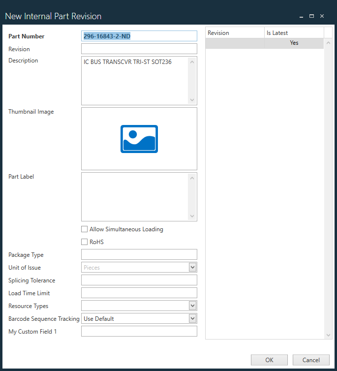 New Internal Part Revision dialog